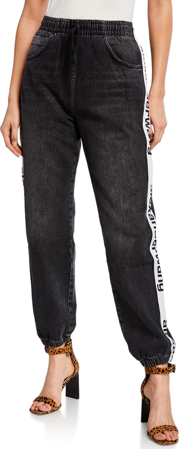 T By Alexander Wang Denim Track Pants w/ Logo-Print Side Panels