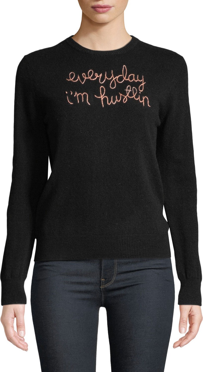 Lingua Franca Everyday I'm Hustlin Embroidered Cashmere Sweater