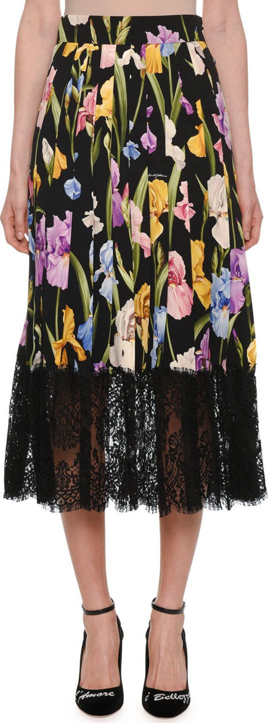 Dolce & Gabbana Floral-Print Silk Charmeuse Pleated Skirt w/ Lace Hem