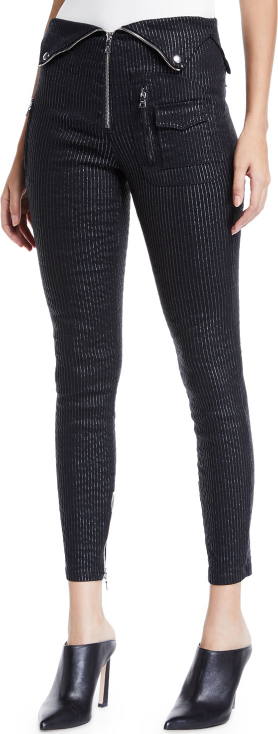 RtA Diavolina Metallic Pinstripe Pants with Folded Waistband