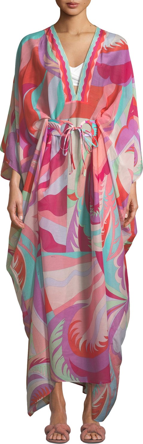 Emilio Pucci Printed V-Neck Long Kaftan with Belt