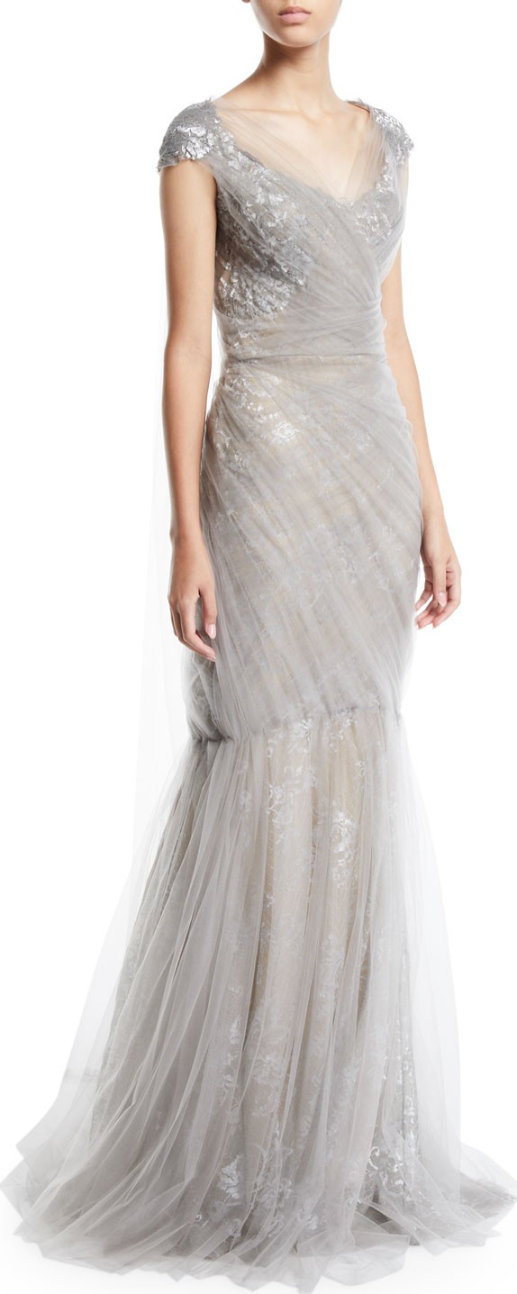 Pamella Roland Cap-Sleeve Metallic Floral Brocade Gown With Draped Tulle Overlay