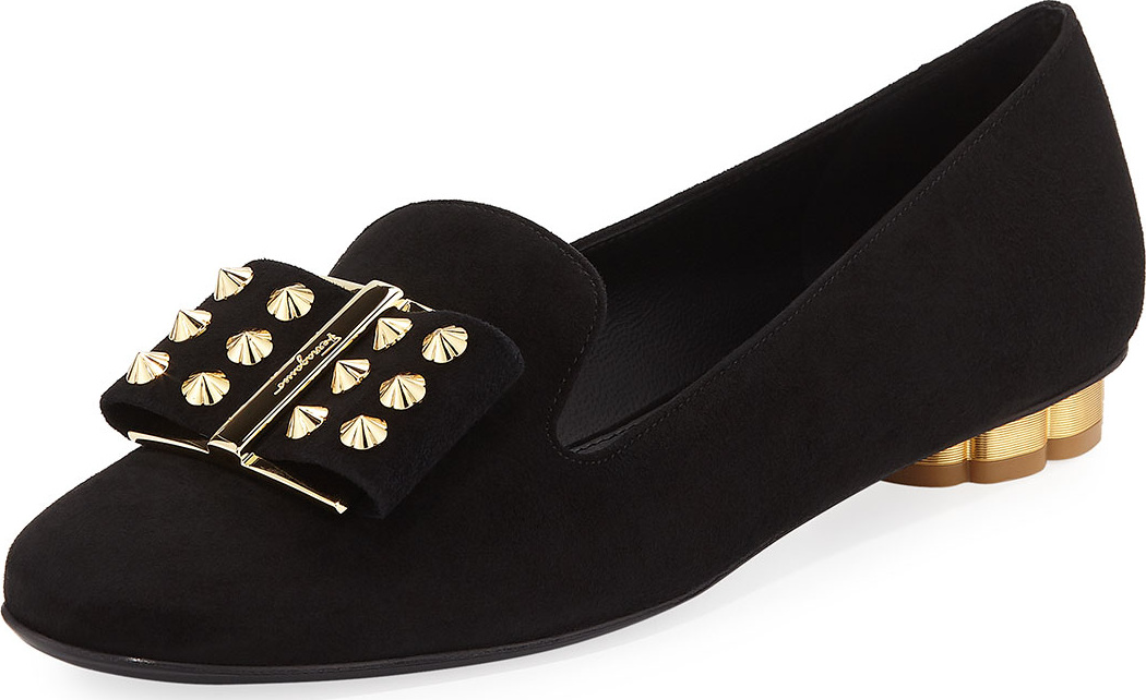 Salvatore Ferragamo Flower-Studded Suede Bow Loafer