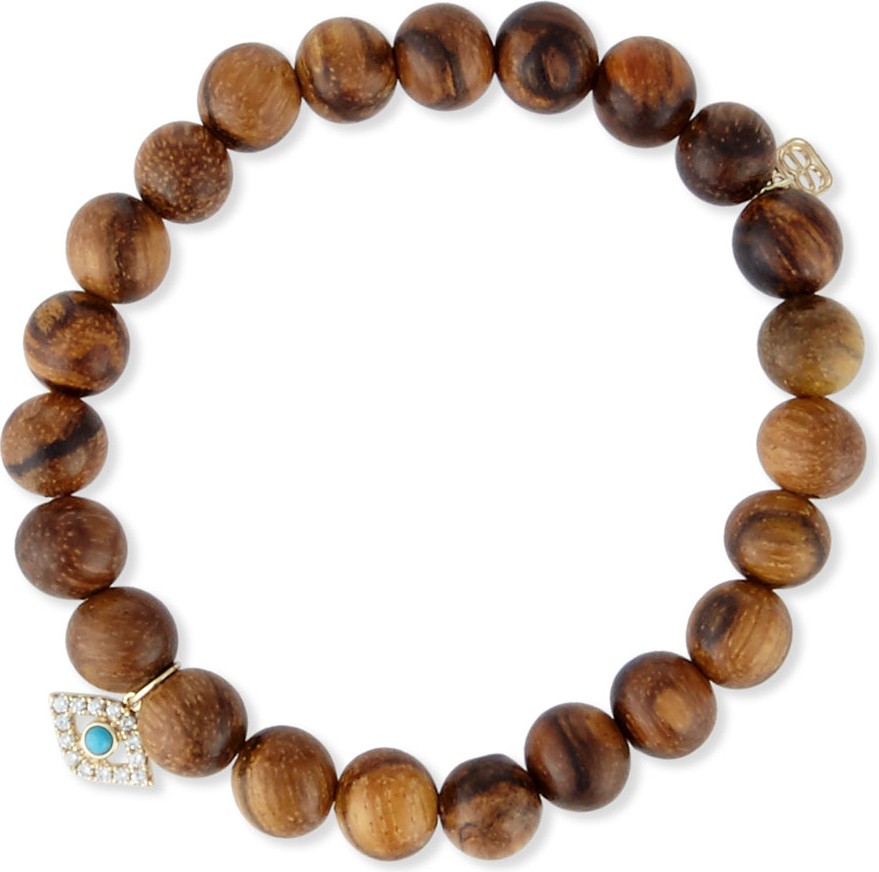 Sydney Evan Wooden Bead Bracelet w/ 14K Gold Diamond Evil Eye Charm