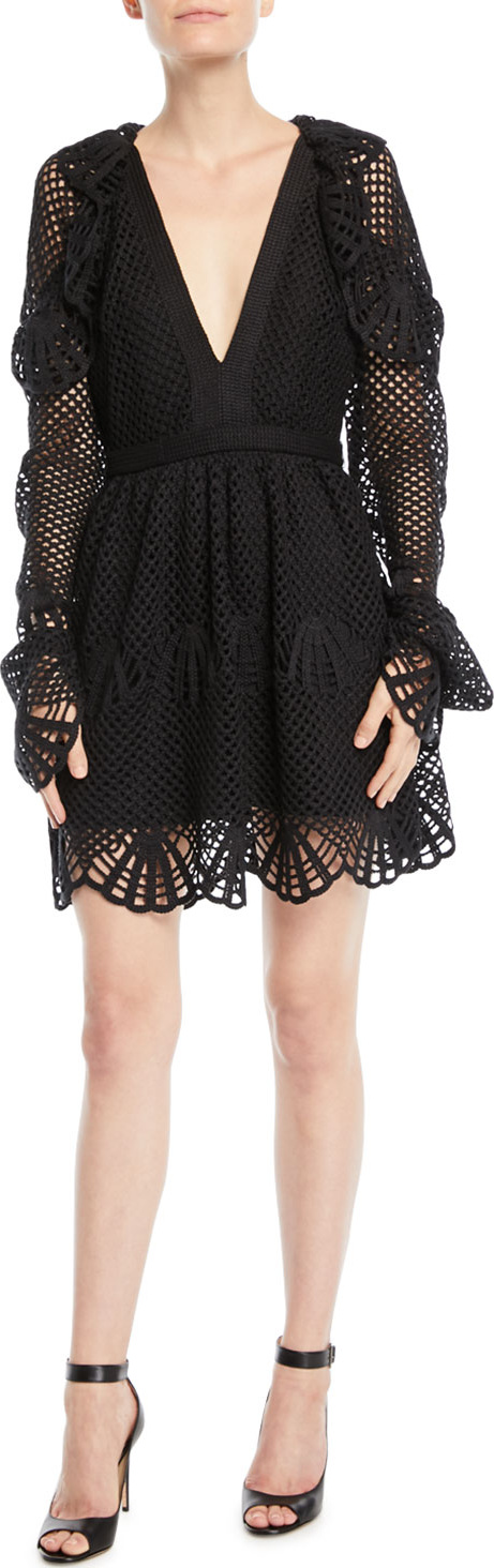 Self Portrait V-Neck Crochet Frill Mini Cocktail Dress