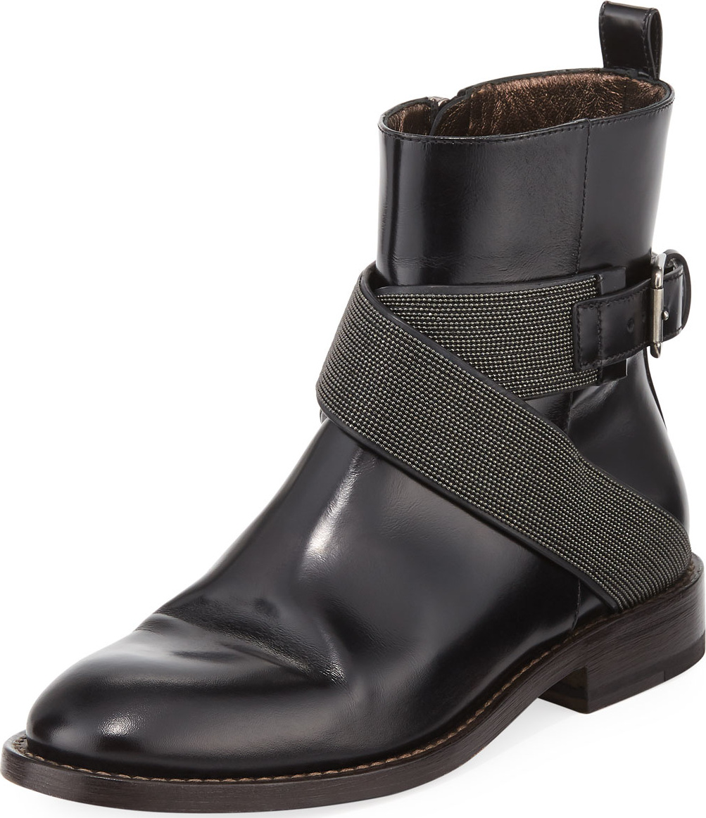 Brunello Cucinelli Leather Moto Bootie with Monili Straps