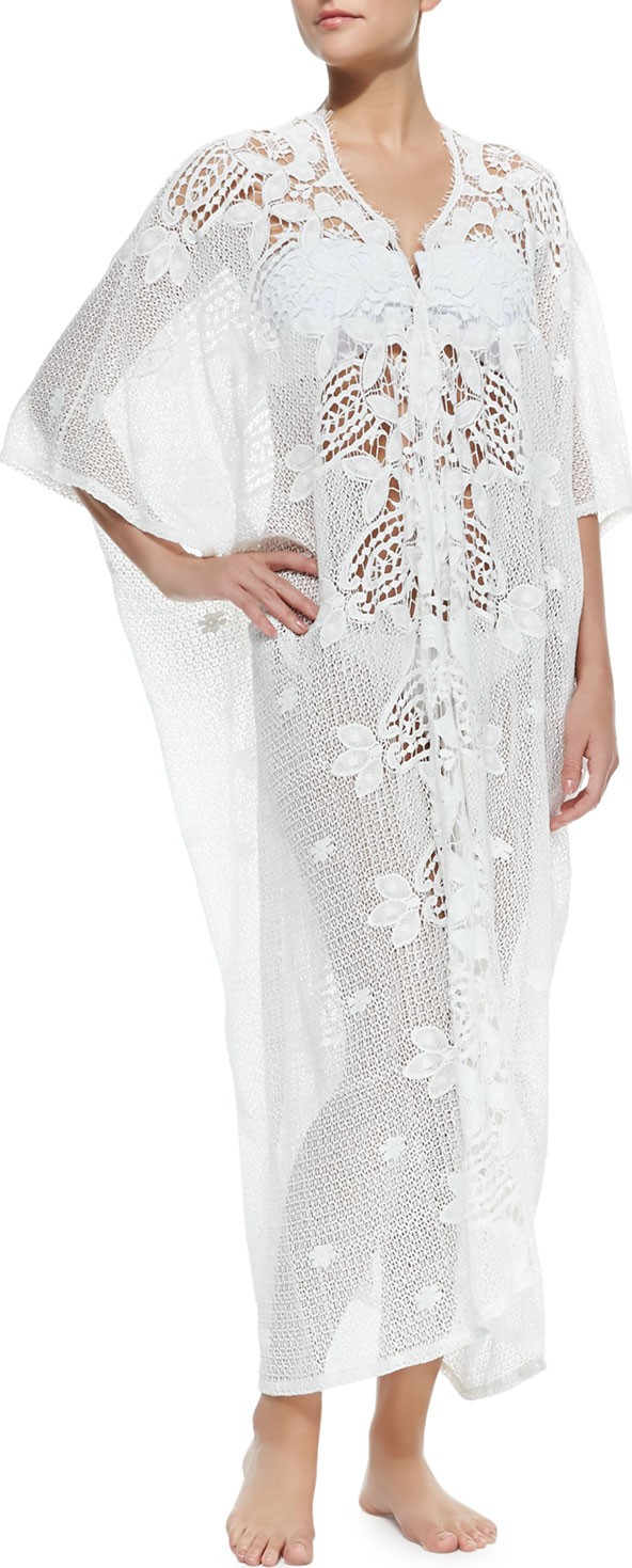 Miguelina Rachel Long Crochet-Panel Caftan, White