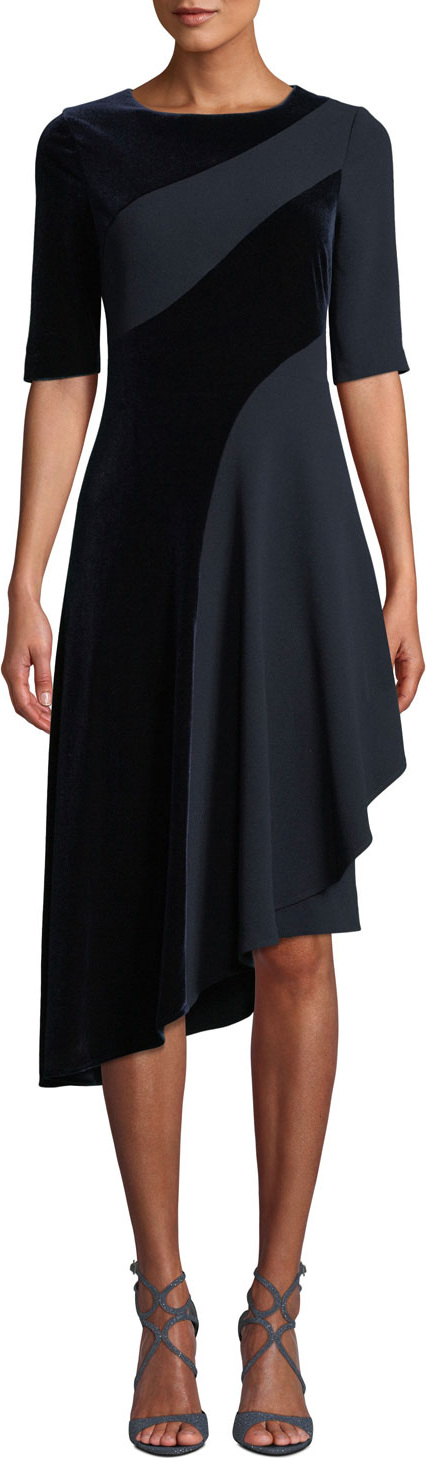 Rickie Freeman for Teri Jon Velvet & Crepe Asymmetric Peplum Dress
