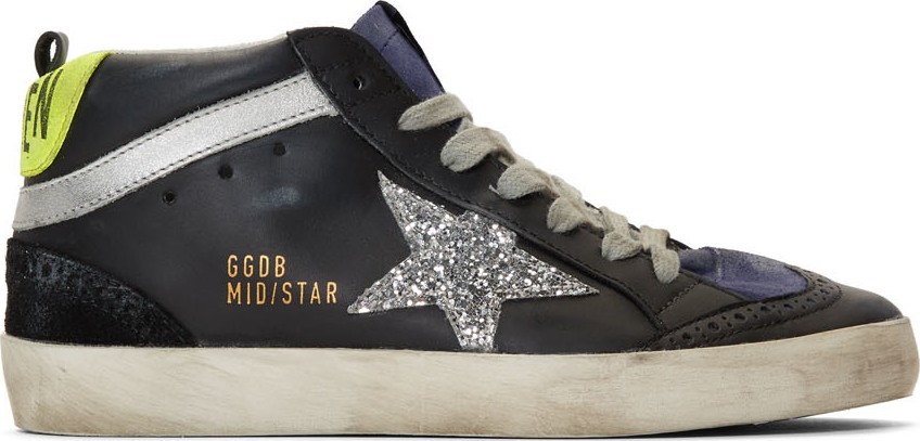 Golden Goose Deluxe Brand Black & Silver Glitter Mid Star Sneakers