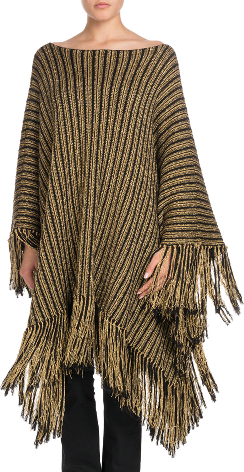 Saint Laurent Metallic-Striped Oversized Poncho with Fringe Hem