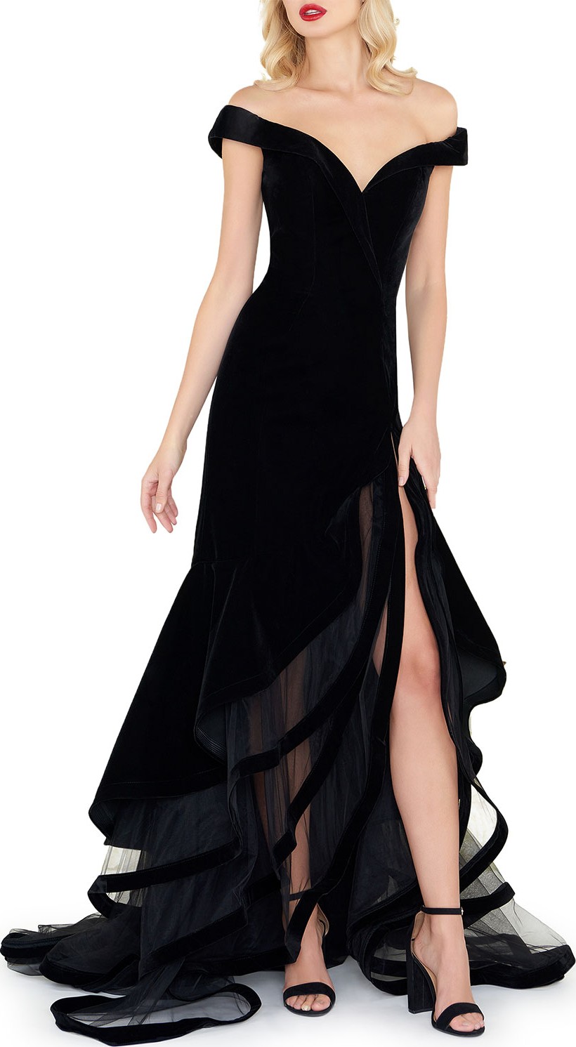 Mac Duggal Off-the-Shoulder Velvet Gown w/ Layered Ruffle Mesh Skirt