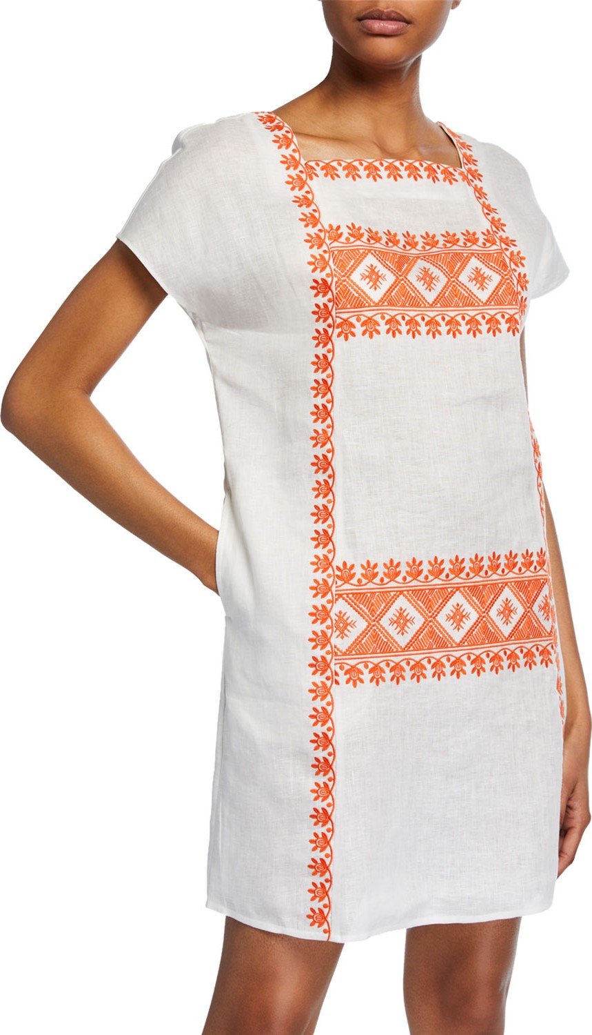 Tory Burch Embroidered Short-Sleeve Linen Dress