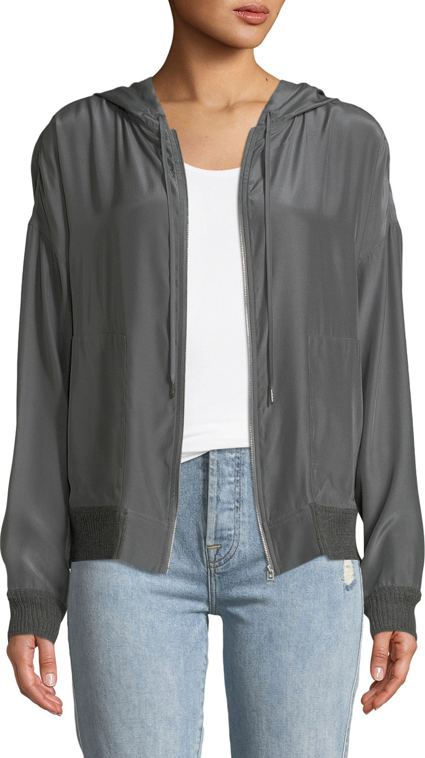 ATM Anthony Thomas Melillo Silk Charmeuse Zip-Front Hoodie with Knit Trim