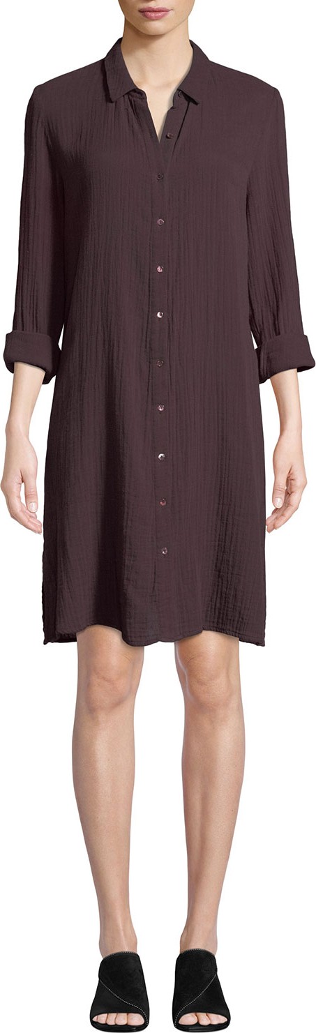 Eileen Fisher Button-Front Long-Sleeve Cotton Gauze Shirtdress