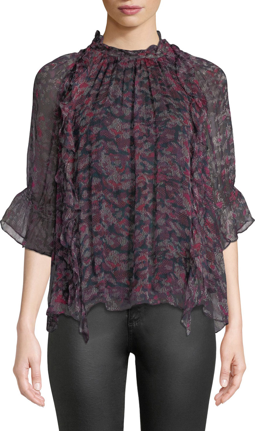 IRO Snare Printed Silk 3/4-Sleeve Ruffle Top