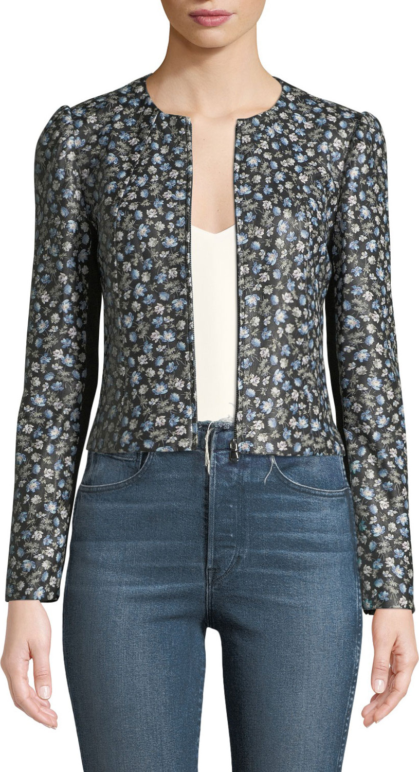 Rebecca Taylor Zelma Zip-Front Floral-Print Lamb Leather Jacket