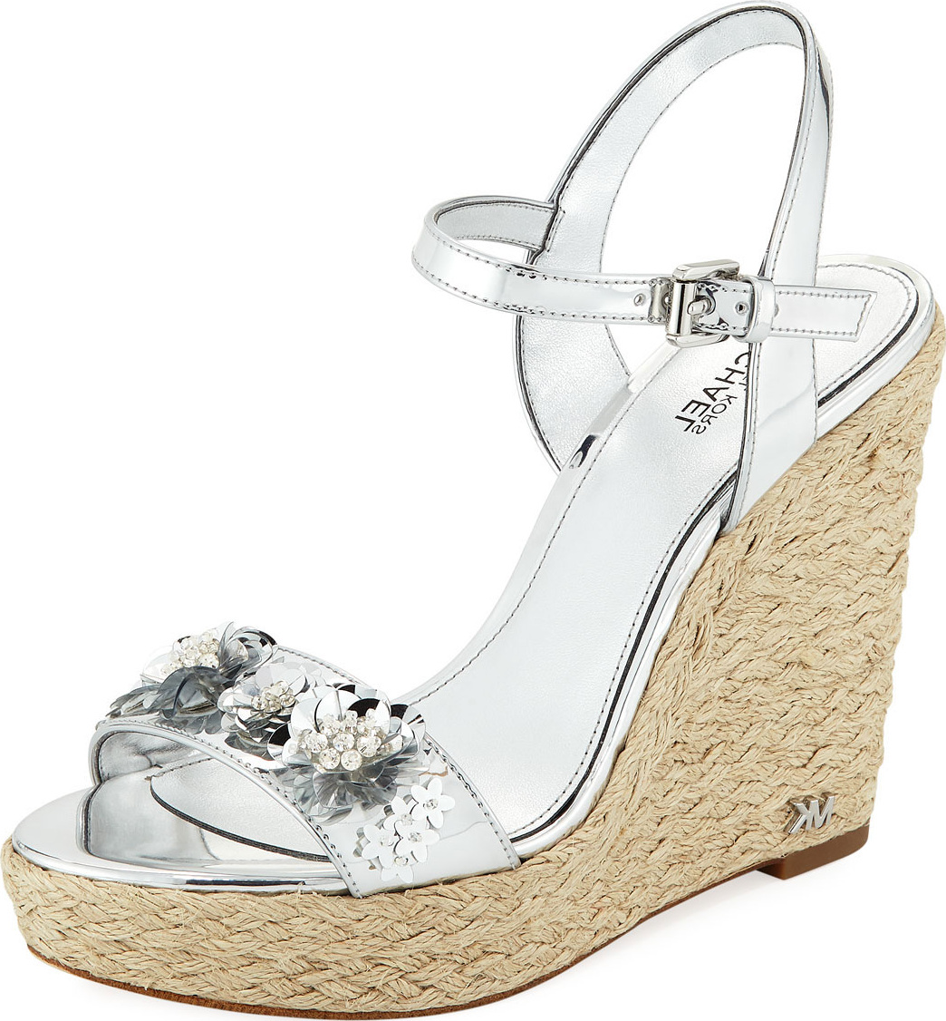 MICHAEL MICHAEL KORS Jill Metallic Leather Espadrille Wedge Sandal with Sequined Flower