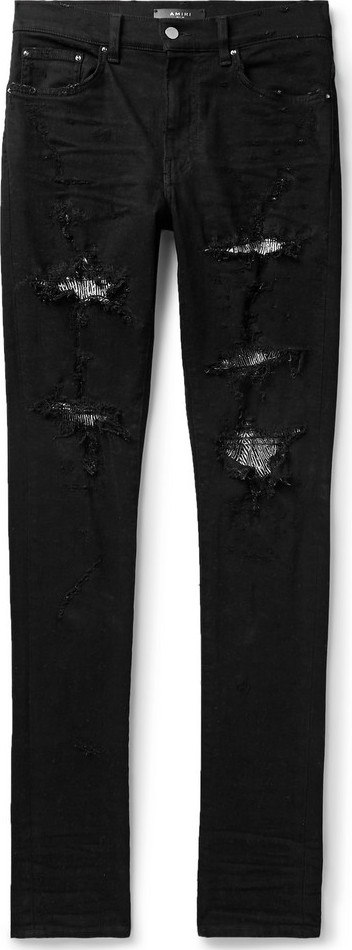 Amiri Skinny-Fit Sequin-Embellished Distressed Stretch-Denim Jeans