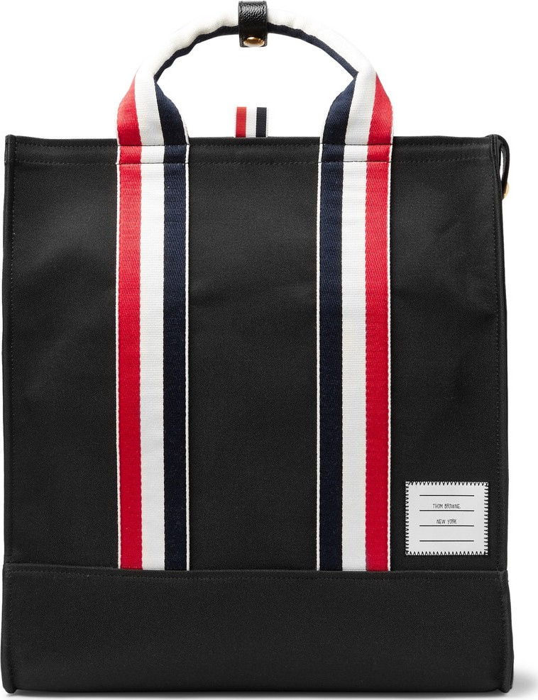 Thom Browne Striped Grosgrain-Trimmed Pebble-Grain Leather-Trimmed Canvas Tote Bag
