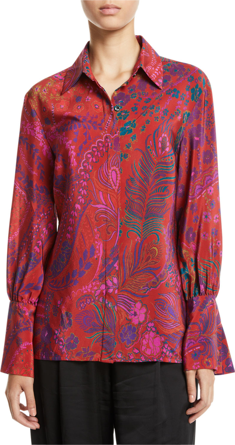 Josie by Natori Long-Sleeve Button-Front Floral-Print Silk Blouse