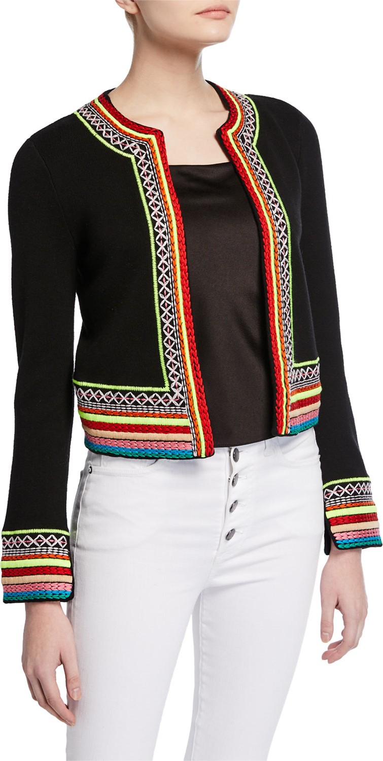Alice + Olivia Meemee Embroidered Open-Front Cardigan