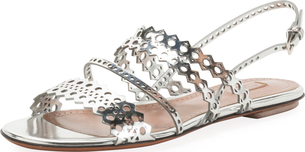 Alaïa Flat Laser-Cut Metallic Slingback Sandals