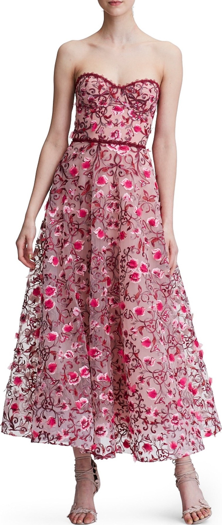 Marchesa Notte Floral Embroidered Strapless Tea Length Gown