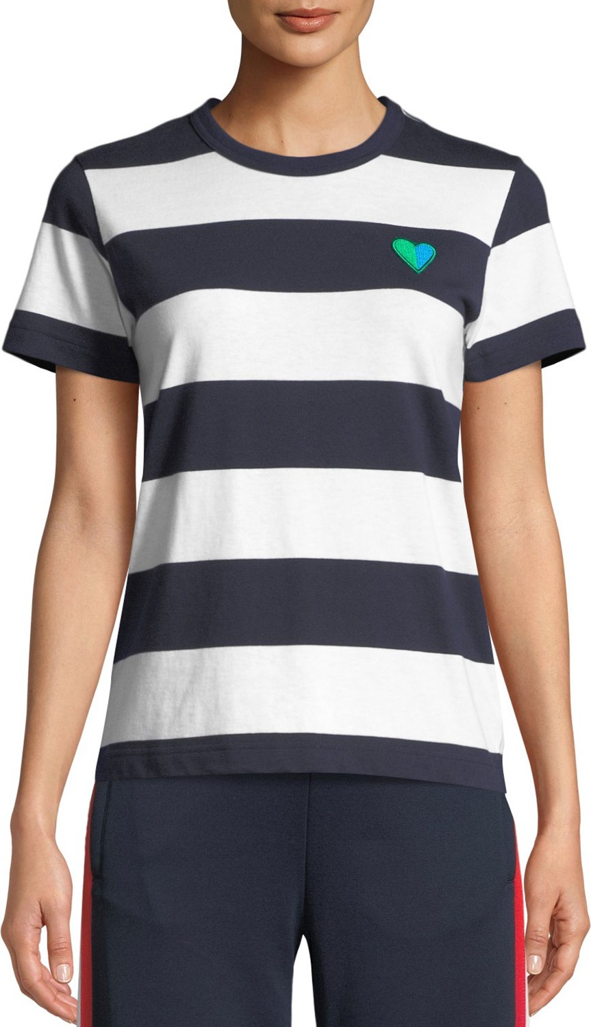 Tory Sport Striped Heart Crewneck Tee