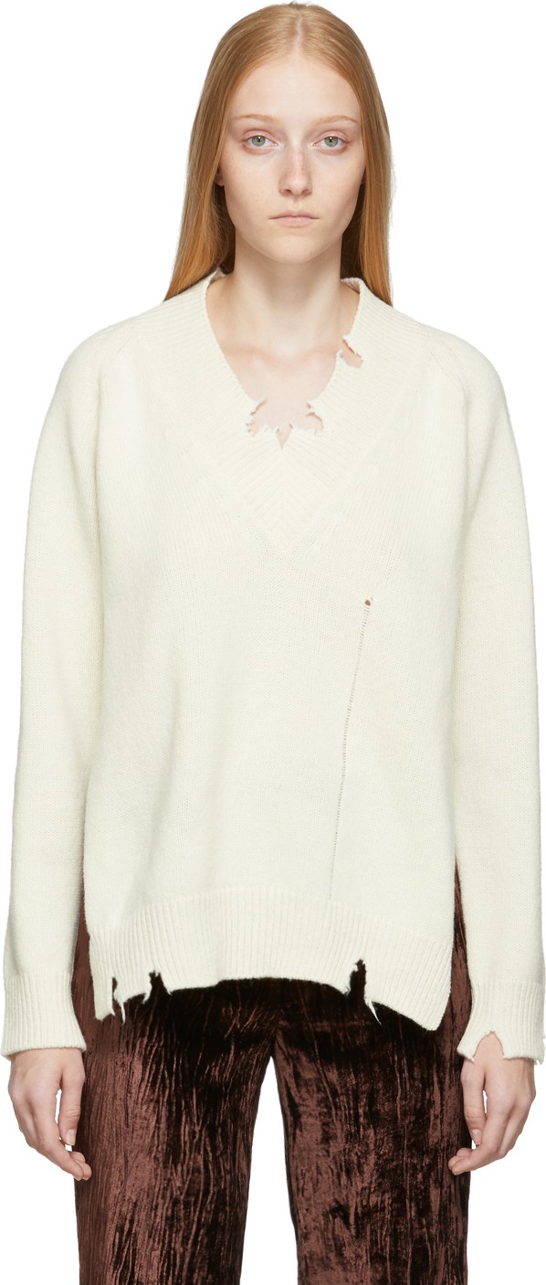 Maison Margiela Off-White Destroyed V-Neck Sweater