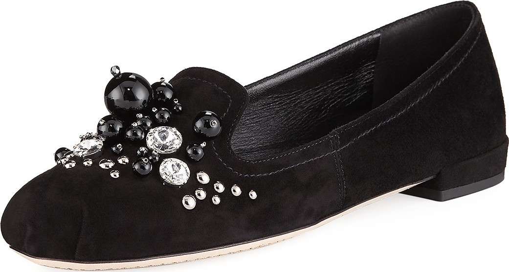 Miu Miu Suede Embellished Ballet Flats