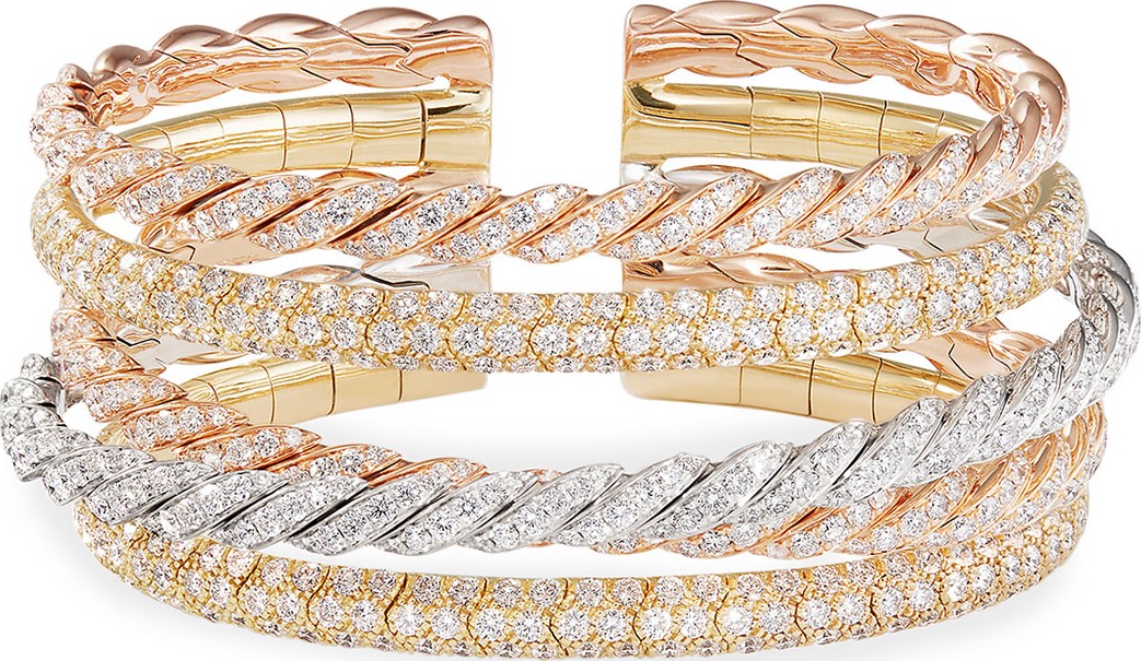 David Yurman Pave Flex 18k Tricolor 5-Row Diamond Bracelet, Size M