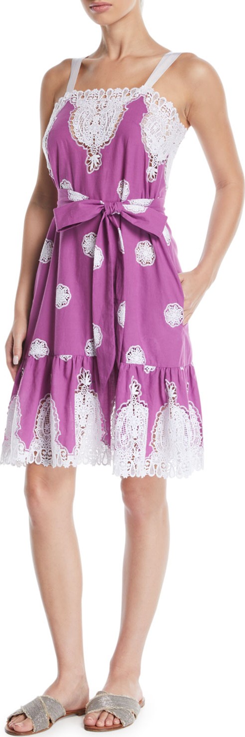 Miguelina Mindy Sleeveless Belted Embroidered Cotton Sun Dress