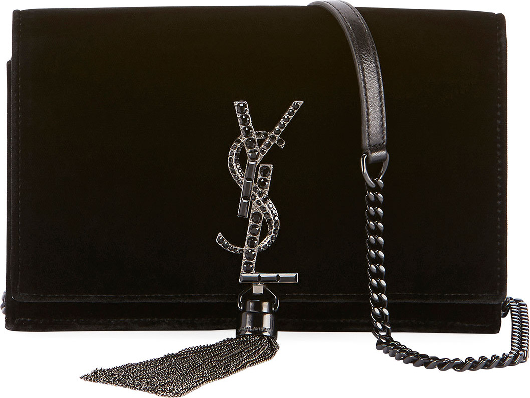 Saint Laurent Kate Toy Small Crystal-Monogram YSL Tassel Velvet Wallet on a Chain Bag - Silvertone Hardware