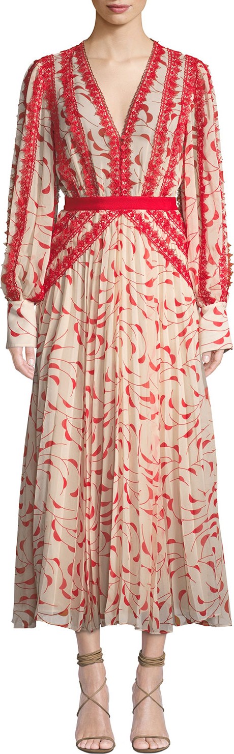 Self Portrait Printed Chiffon Lace Pleated Long-Sleeve Midi Dress