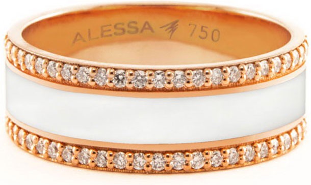 Alessa Jewelry Spectrum Painted 18k Rose Gold Ring w/ Diamond Trim, White, Size 7.5