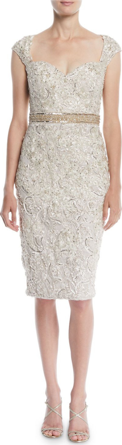 Jovani Embellished Lace Cocktail Dress w/ Beaded Waist