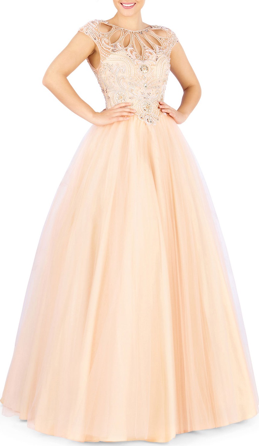 Mac Duggal Sweetheart Illusion Cap-Sleeve Pastel Tulle Ball Gown with Beaded Bodice