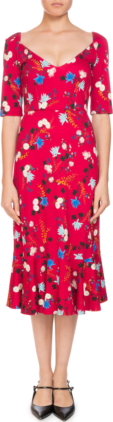 Erdem Glenys Hideko Garden Floral-Print Silk Calf-Length Dress