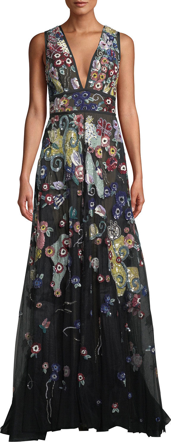 Zuhair Murad Sleeveless V-Neck Beaded-Embroidered A-Line Evening Gown