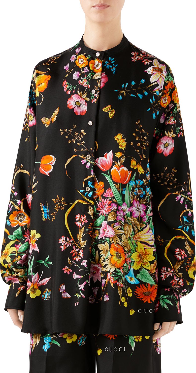 Gucci Oversized Bouquet-Print Silk Shirt