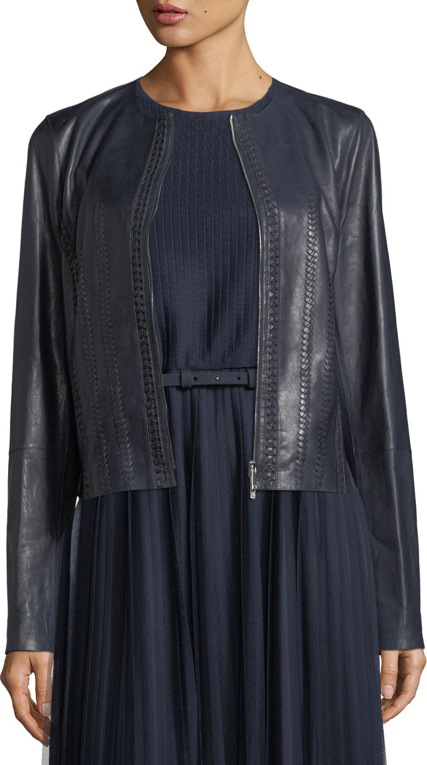 Lafayette 148 New York Clyde Braid-Detail Leather Jacket