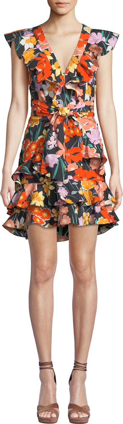 Saylor Floral-Print V-Neck Flounce-Sleeve Mini Poplin Dress