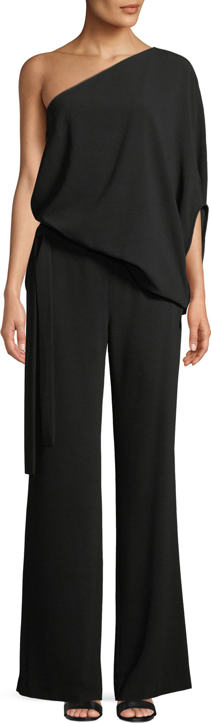 HALSTON HERITAGE One-Shoulder Draped Wide-Leg Jumpsuit