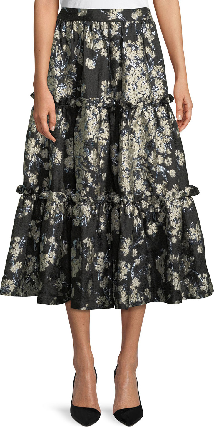 Co Metallic Floral-Brocade Tiered Evening Skirt