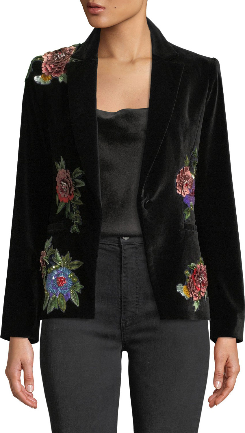 Alice + Olivia Hix Floral-Embroidered Velvet One-Button Blazer