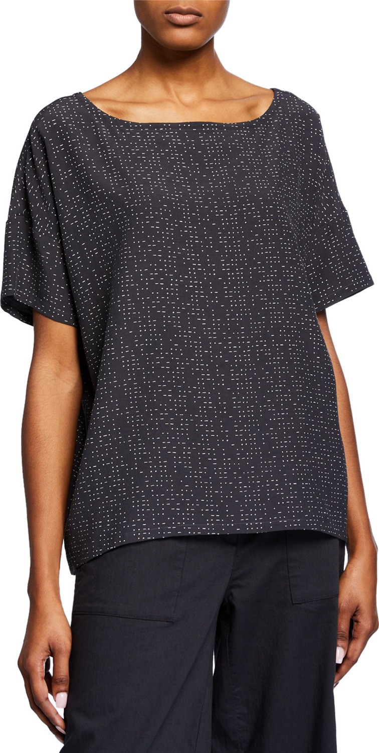 Eileen Fisher Morse Code Boat-Neck Short-Sleeve Top