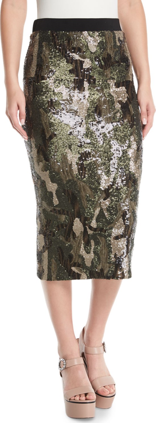 Le Superbe Liza Pull-On Sequin Camo Midi Skirt