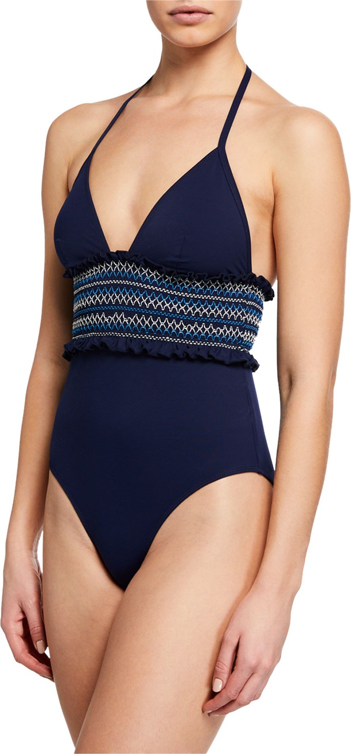 Jonathan Simkhai Smocked Halter One-Piece Swimsuit