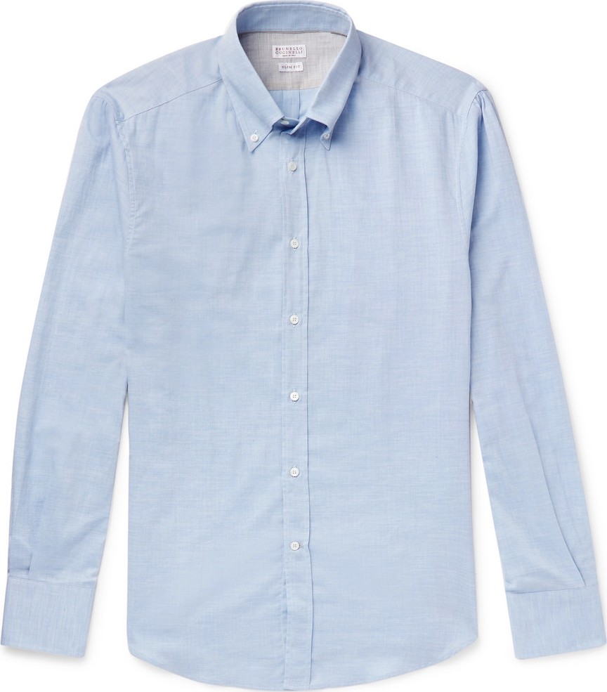 Brunello Cucinelli Slim-Fit Button-Down Collar Herringbone Cotton Shirt