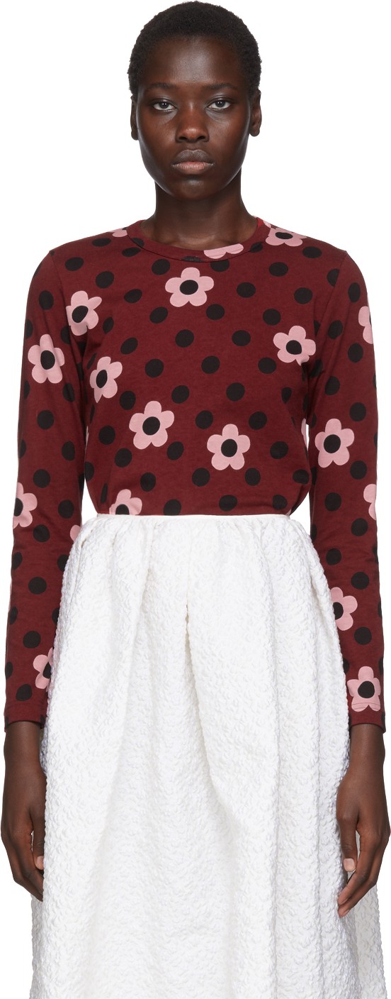 Comme Des Garçons Girl Burgundy Floral Polka Dot Long Sleeve T-Shirt